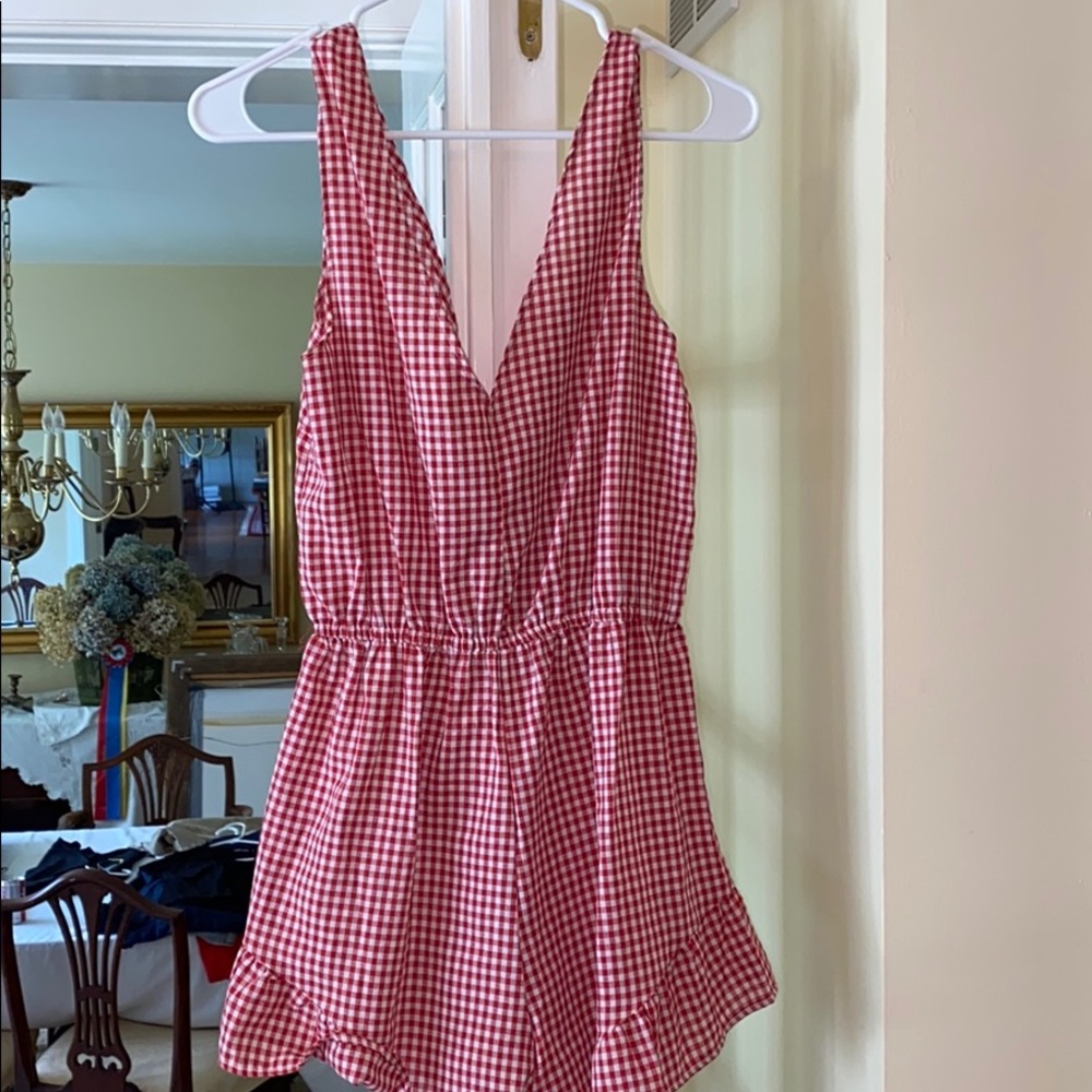 red and white deep cut gingham romper
